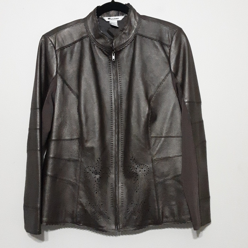 Hygard leather knit jacket coat women 1X full zip casual brown office boho Y2K